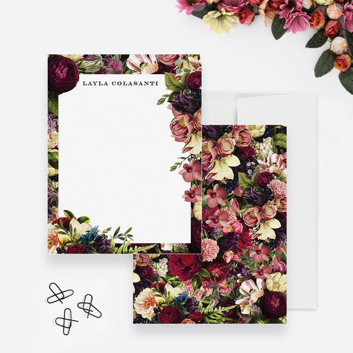 Floral Stationery Set For Women, Personalized Note Card with Vintage Flower Illustrations, Elegant Thank You Notecards, Home Office Note Card with Dark Florals