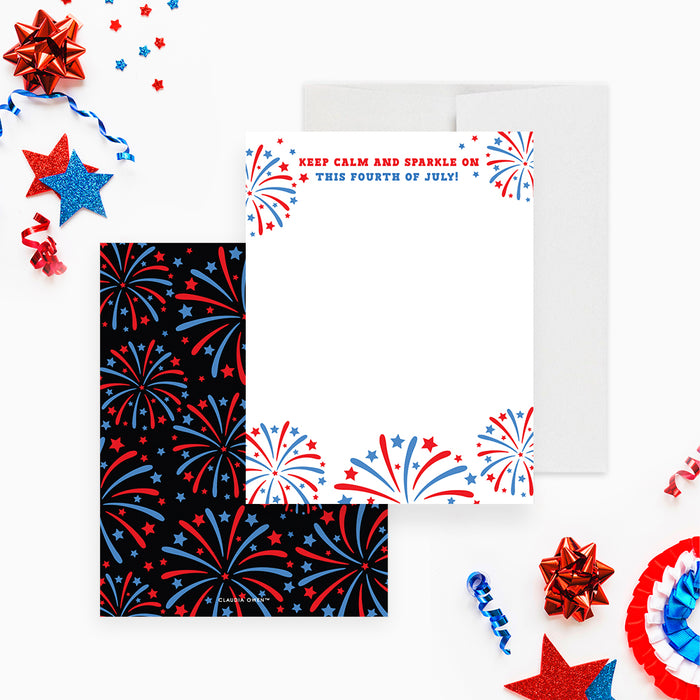 Keep Calm and Sparkle On 4th of July Note Card, Patriotic Stationery Card with Fireworks, Independence Day Greeting Card