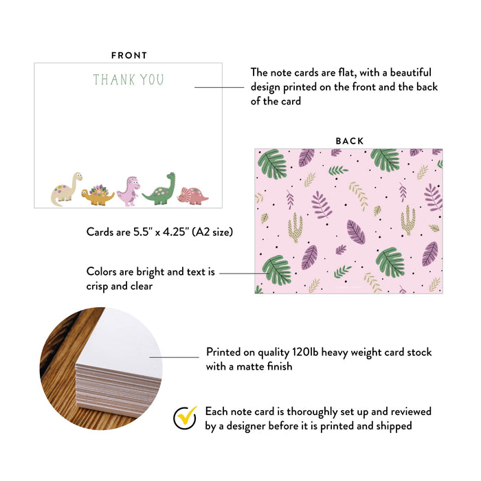 Dinosaur Thank You Cards for Girls, Dinosaur Stationery Note Cards for Kids in Pink and Green, Dino Lover Gifts