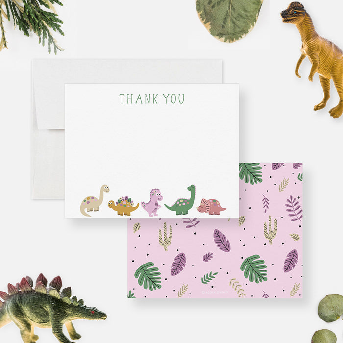 note card design with cute illustrations brontosaurus, stegosaurus, spinosaurus (or a generic theropod), diplodocus or apatosaurus, ankylosaurus