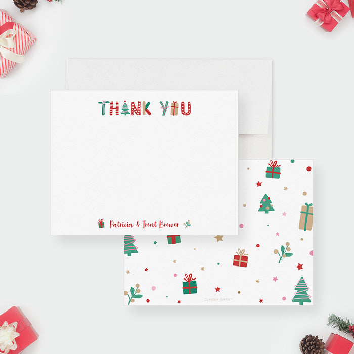 Christmas Thank you Note Cards, Personalized Family Holiday Greeting Cards with Colorful Christmas Trees and Gifts