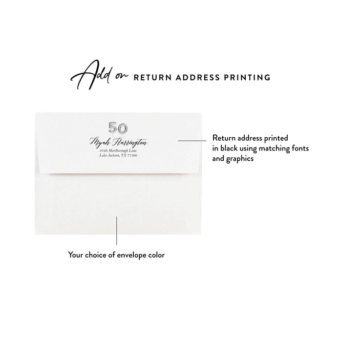 Elegant Note Card with 50th Golden Balloon, Adult Birthday Thank You Card, 50th Anniversary Correspondence Cards