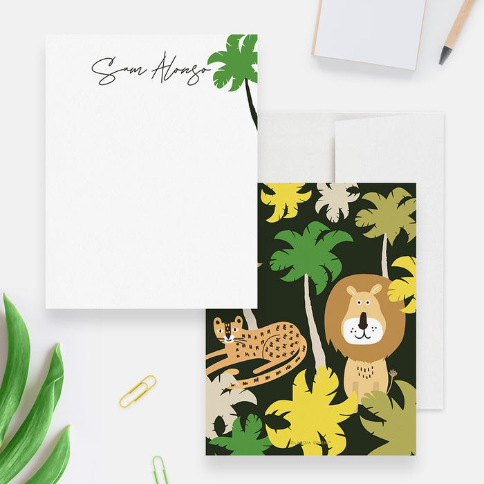 Jungle Note Card, Stationery Set with Lion Cheetah Illustrations, Kid's Personalized Stationary, Safari Birthday Thank You Note, Wild Animals