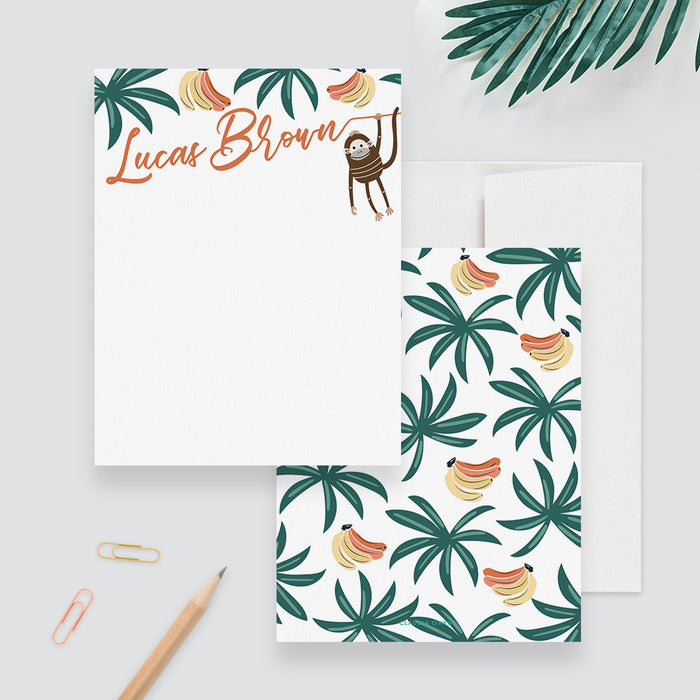 Monkey Note Card for Children, Jungle Stationery Set, Personalized Thank You Card for Kids, Banana Tree Birthday Thank You Notes