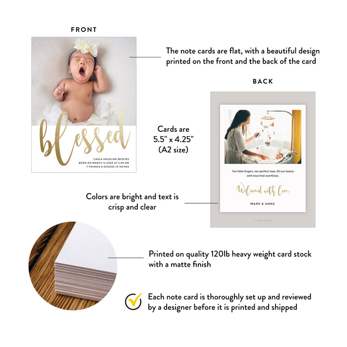Baby Announcement Card with Photo, Blessed Note Card, Stationery for Baby Shower, Birth Announcement with Picture, Newborn Birth Announcements