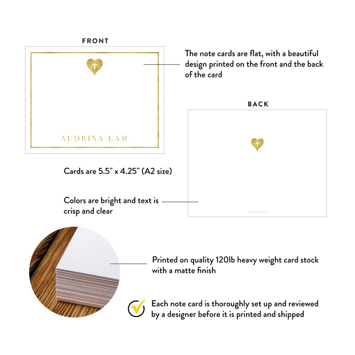 Religious Note Card with Gold Heart and Cross, Baptism Thank You Cards with Envelopes, Christian Note Cards with Holy Cross, Personalized Gift for Christians