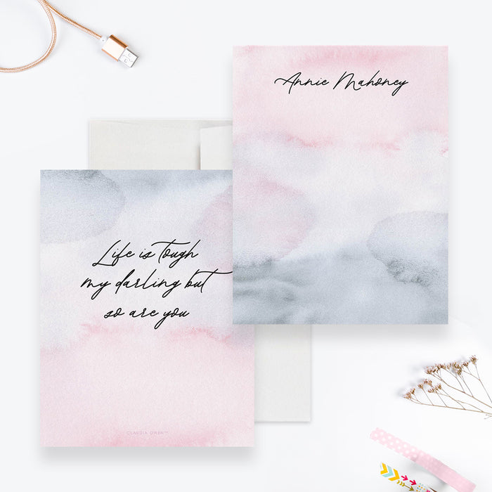 Women's Personalized Stationary With Inspirational Quote, Note Card Set For Teens, Watercolor Girl Stationery A Note From