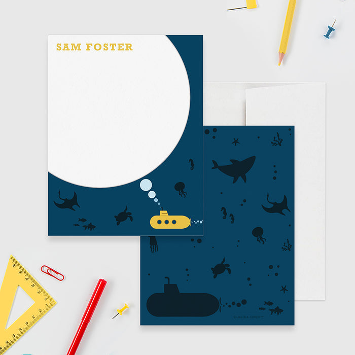 Submarine Boy's Stationery Set, Underwater Personalized Kid's Note Card, Shark Stationary Fish Thank You Note