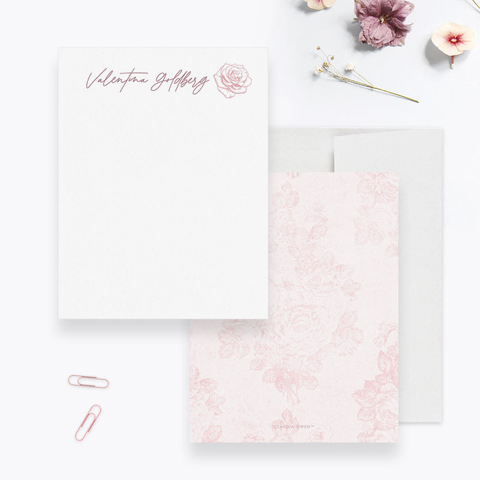 Pink Rose Personalized Note Card, Floral Stationery, Vintage Rose Illustration Vintage Flowers Women's Stationary, Home Office Note Card