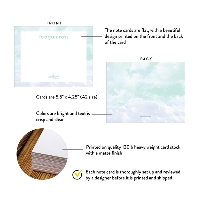 Note Card with Plane and Clouds, Cloud Thank You Cards, Cute Goodbye Party Thank You Cards with Airplane, Cloudy Stationery in Soft Pastel Colors