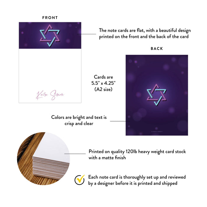 Colorful Jewish Note Card with Neon Light Star of David, Bat Mitzvah Thank You Card, Purple Religious Stationery Correspondence Card, Personalized Jewish Gifts