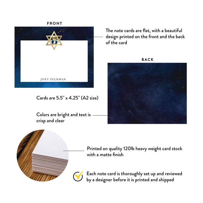 Modern Jewish Note Card with Blue Starry Night Sky and Shooting Stars, Bar Mitzvah Thank You Card with Picture and Star of David, Personalized Jewish Gifts
