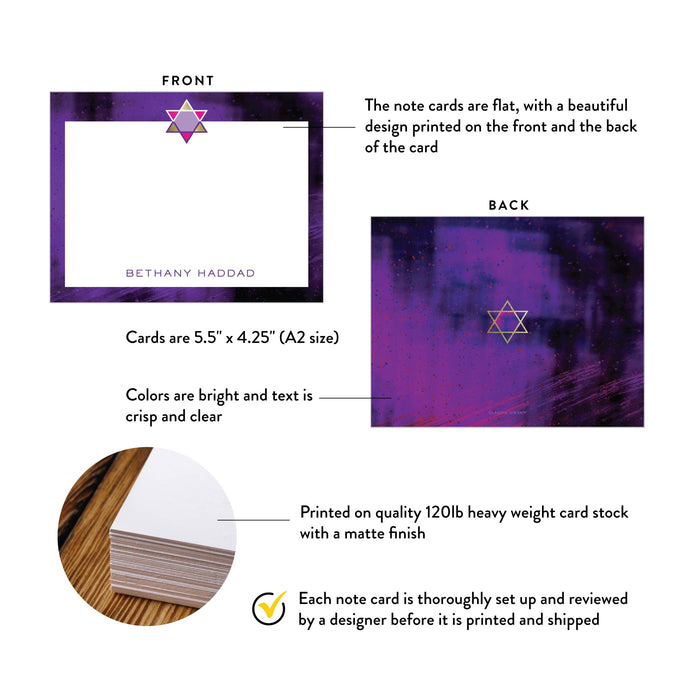 Unique Note Card with Star of David, Gold and Purple Jewish Correspondence Card, Bat Mitzvah Thank You Notes, Personalized Jewish Gift