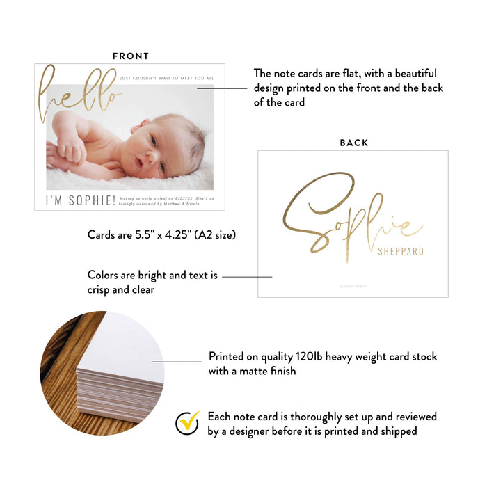 Elegant Birth Announcement Card with Baby Photo and Gold Typography, Customizable Baby Girl and Boy Announcement, Newborn Baby Photo Birth Announcements