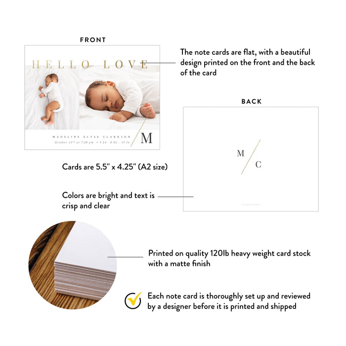 Monogram Announcement Card with Baby Photo, Hello Love Minimalist Baby Announcement Cards