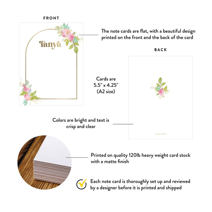 Pink Floral Note Card with Golden Arch Frame, Blossom Baby Shower Thank You Card, Spring Correspondence Card for Girls, Flowery Stationery Cards