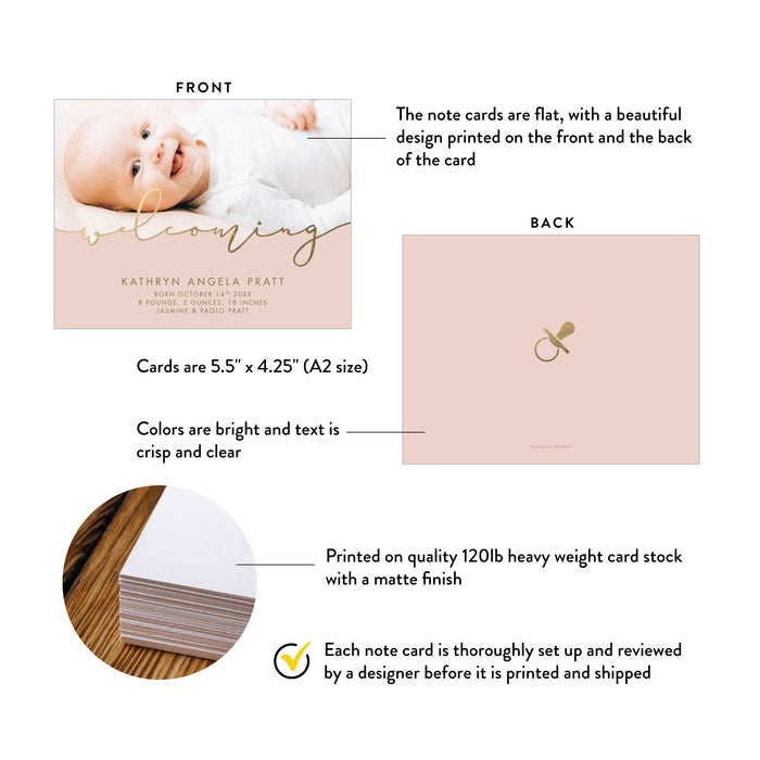 Pink and Gold Birth Announcement Card with Baby Photo, Elegant Newborn Announcements, Personalized Baby Girl Announcement Cards