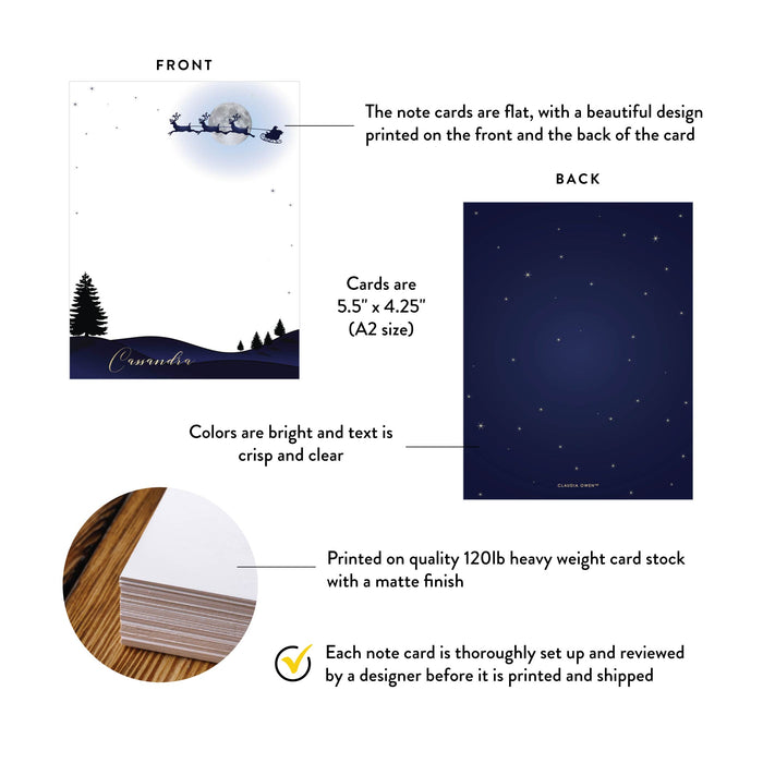 Santa Claus Note Cards, Christmas Thank You Cards with Starry Night Sky, Personalized Santa Sleigh Correspondence Card