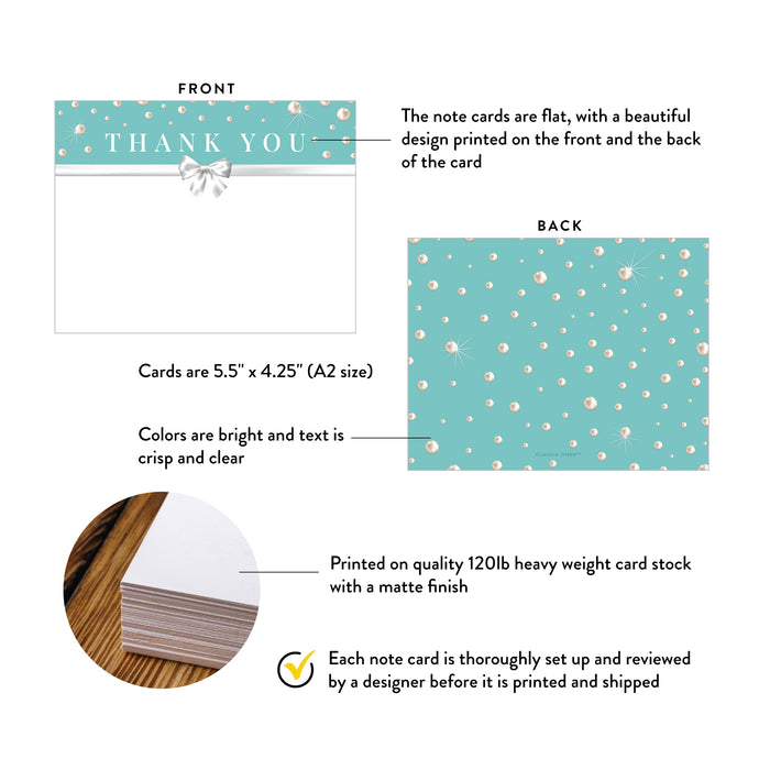 Elegant Classic Note Card in Teal with Bow and Pearls, Business Anniversary Dinner Thank You Card, Personalized Gifts for Women