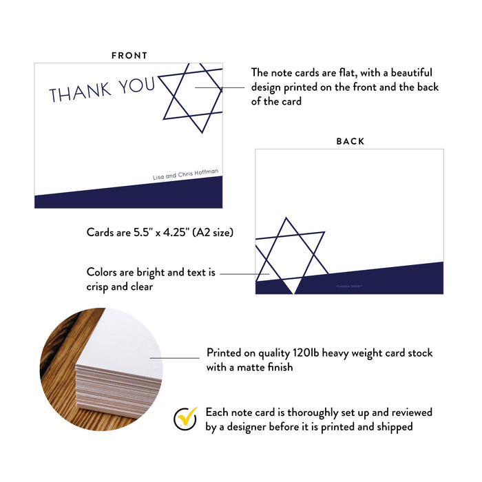 Navy Blue Jewish Note Card with Star of David Illustration, Bar Mitzvah Thank You Card, Personalized Jewish Gifts, Religious Correspondence Card
