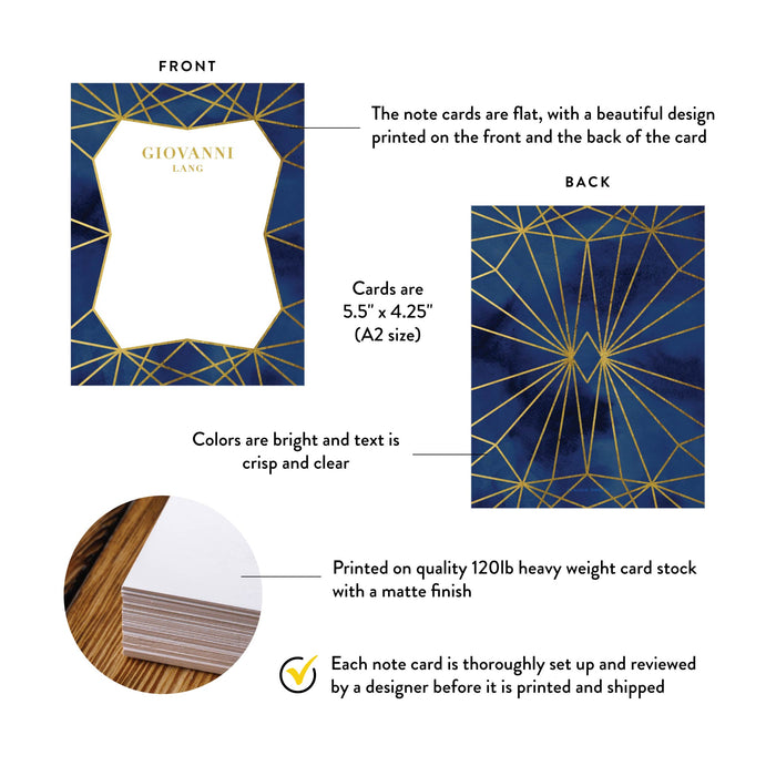 Elegant Note Card with Gold Jewel Geometric Lines, Personalized Birthday Thank You Card in Blue and Gold