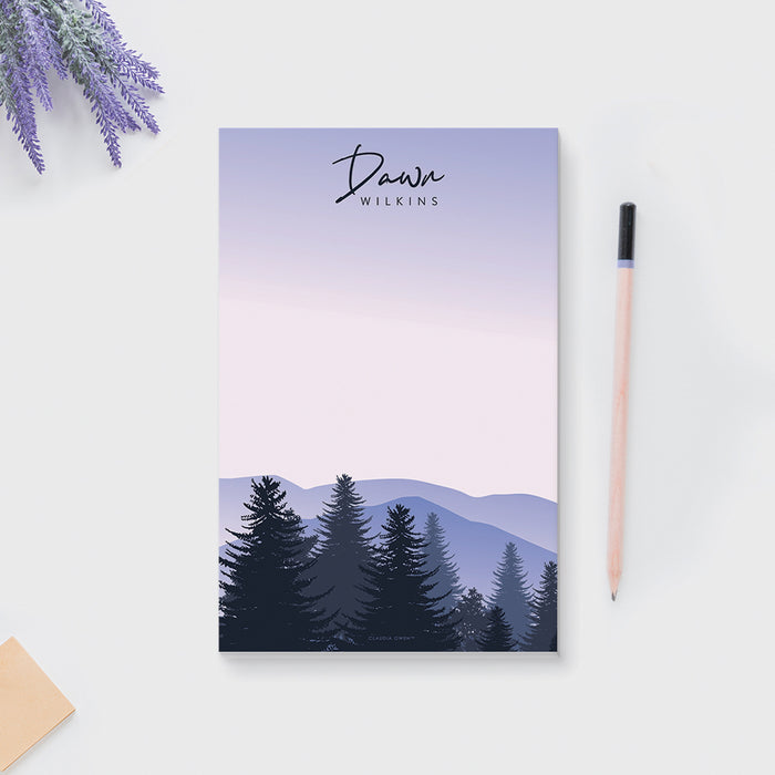 Personalized Tree Notepad, Forest Memopad with Name, Mountain Themed Stationery, Nature Lover Gifts
