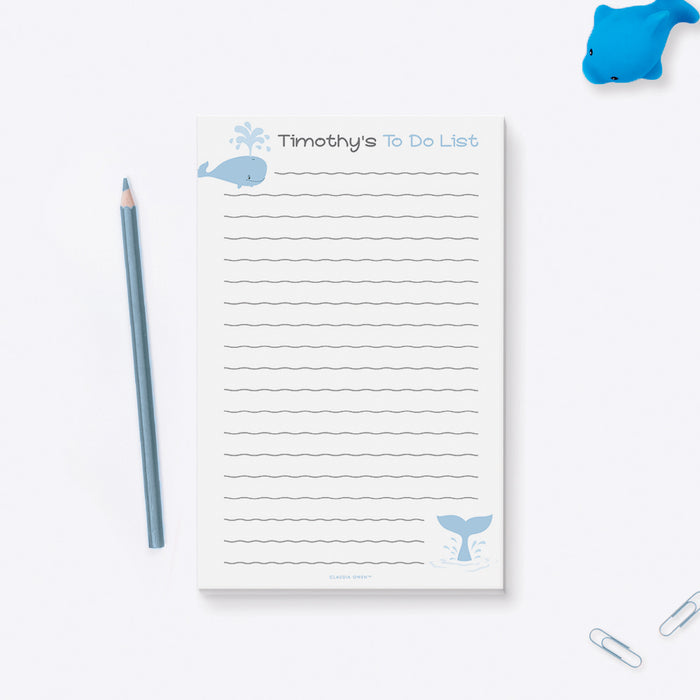 Personalized Whale Notepad, Kids To Do List Notepad, Writing Stationery Paper, Daily Planner for Children, Cute Baby Blue Whale