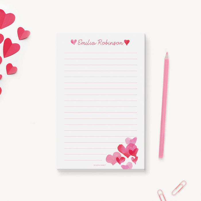 Love Notepad for Children with Watercolor Hearts, Kids Personalized Pad, Cute Valentines Gift, Valentines Day Stationery