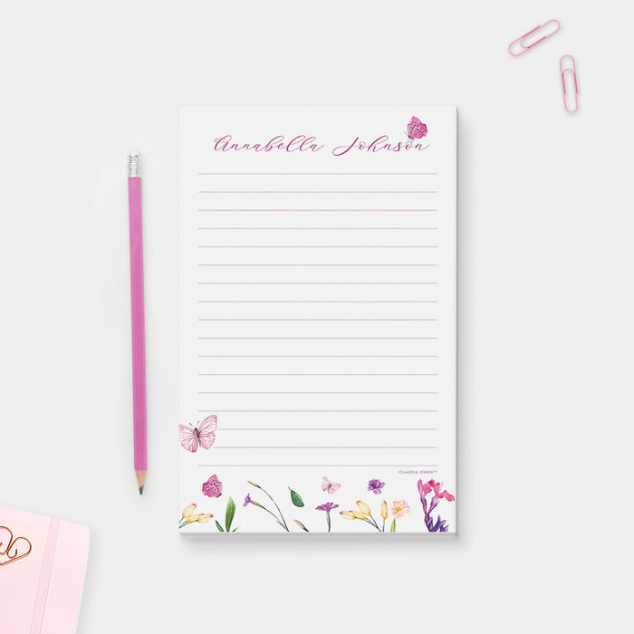 Butterfly Floral Notepad, Personalized Writing Pad, To Do List For Women and Girls, Nature Lover Stationery Notepad Gifts