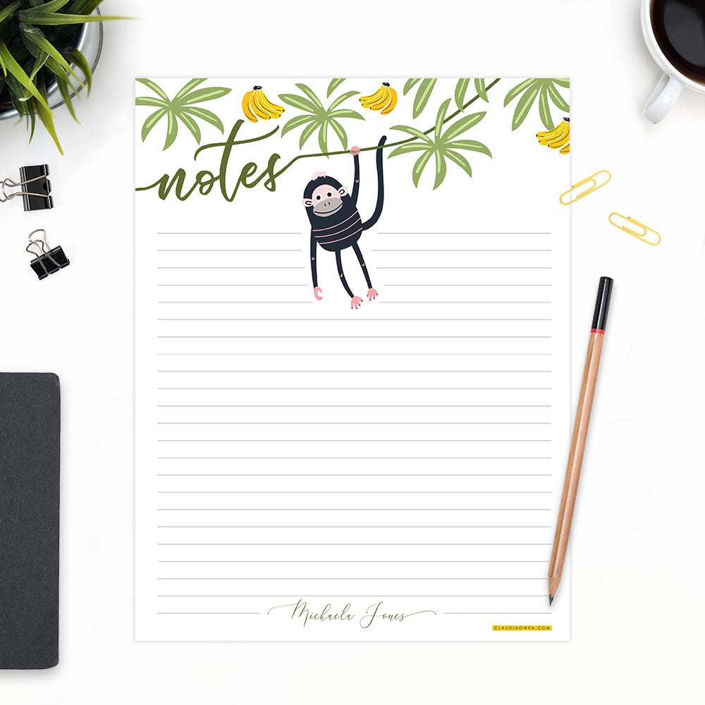 Monkey Notes Digital Download, Personalized Stationery for Children, M