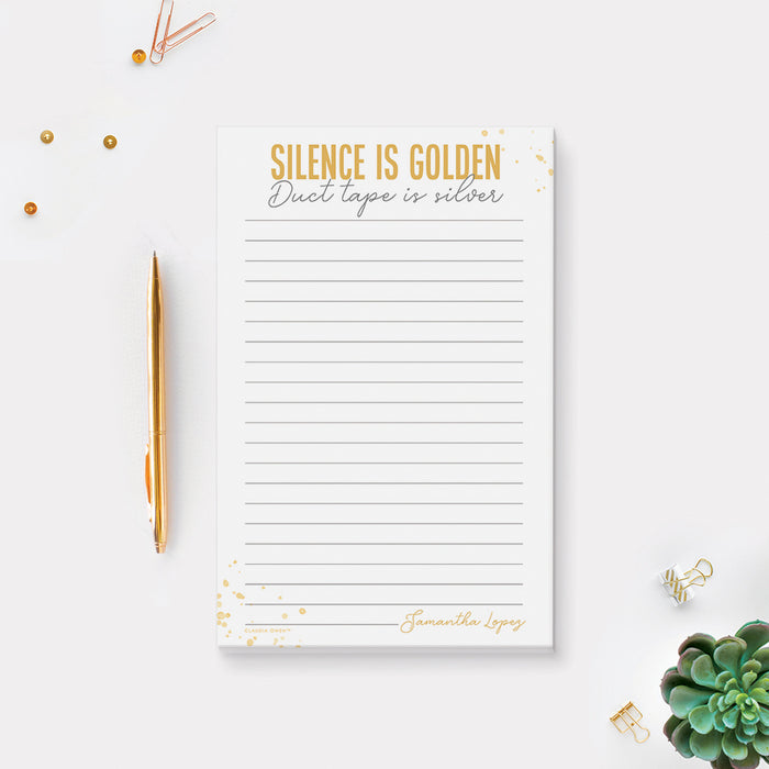 Silence is Golden Duct Tape is Silver Notepad, Funny Gifts for Friends, Funny Stationery for the Office, Funny Shopping List