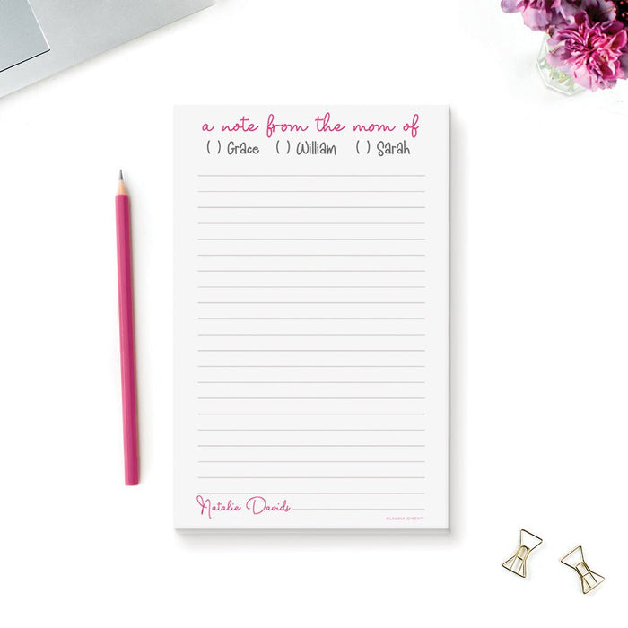 A Note From The Mom of Notepad, Mom Notes To School, Gift for Parents, Family Stationery Pad, Personalized Parents Notepad