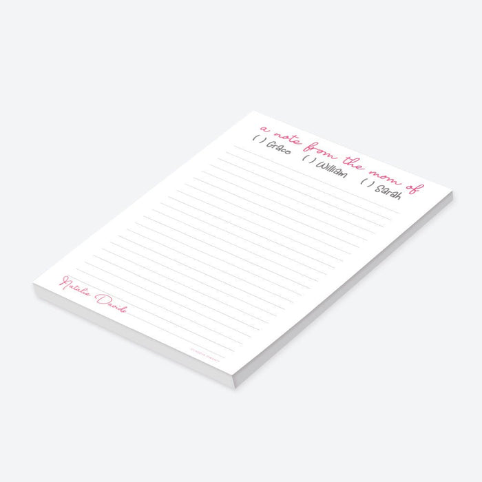 A Note From The Mom of Notepad, Mom Notes To School, Gift for Parents, Family Stationery Pad, Personalized Parents Notepad