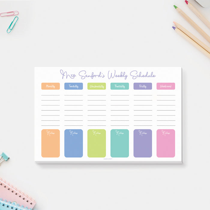 Weekly Schedule Notepad for School, Custom Weekly Planner School Pad for Kids, Weekly Notepad for Teachers and Students