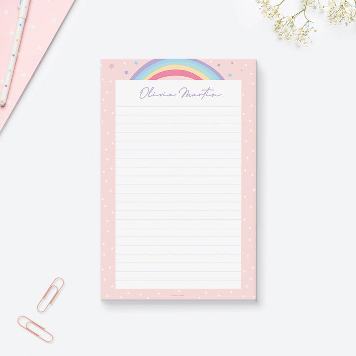Personalized Rainbow Notepad, Writing Notepad for Girls, Colorful Lined Stationary for Kids, Rainbow Memopad Gift for Children