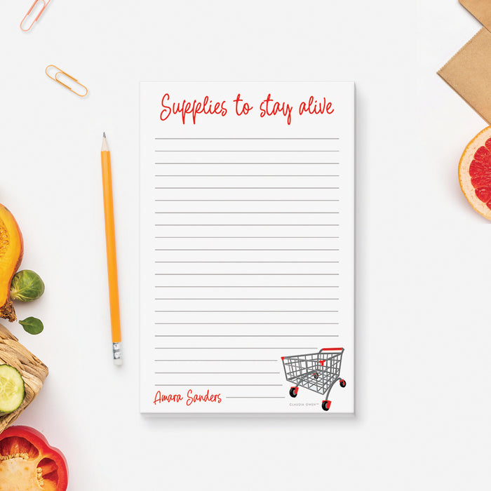 Supplies To Stay Alive Notepad, Grocery List Notepad, Kitchen Notepad with Shopping Cart Illustration, Shopping List Pad