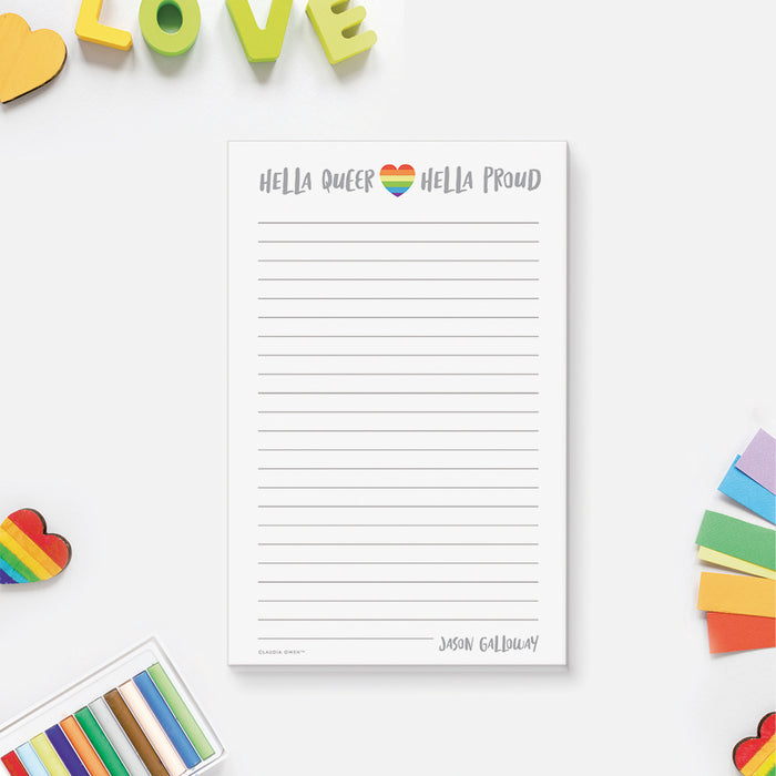 Hella Queer Hella Proud Notepad, Lgbtq Gifts for Gay Friend, Gay Pride Gift with Rainbow Heart Personalized with Your Name