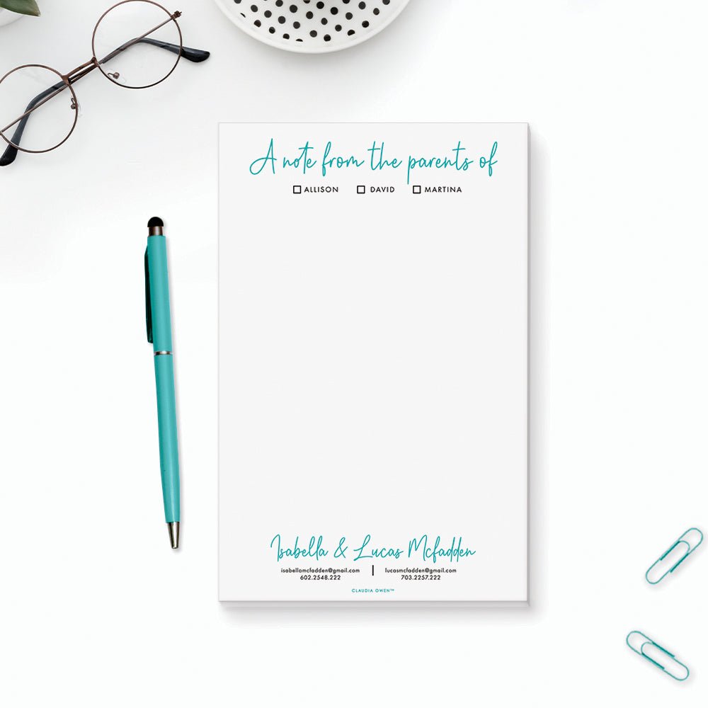 Note From Parent A Note From The Parents of Notepad, Family Notepad Personalized with K