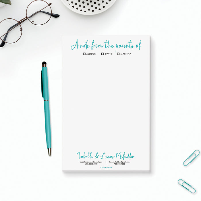 A Note From The Parents of Notepad, Family Notepad Personalized with Kids Names, School Notepad, Notepad for Parents