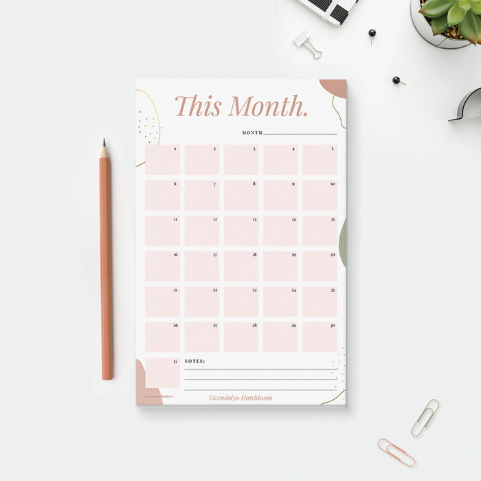 Monthly Planner Notepad Personalized with Your Name, Goals Overview Notepad, Calendar Pad
