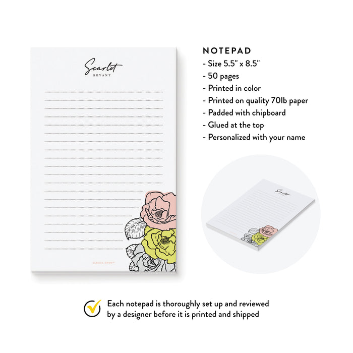 Floral Shopping List Notepad, Feminine Personalized Stationery, Gift for Women, Grocery List with Flowers