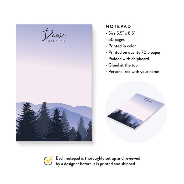 Personalized Tree Notepad, Forest Memopad with Name, Mountain Themed Stationery, Nature Lover Gifts