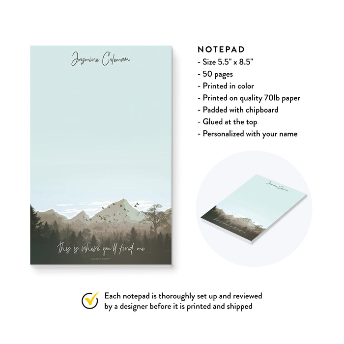 Mountain Notepad Personalized with Your Name, Nature Themed Stationery, Natural Landscape Pad, Nature Lover Gift