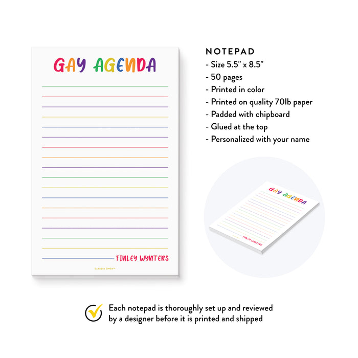 Gay Agenda Notepad, Personalized To Do List Pad, Funny Gifts LGBTQ+ Pride Notepad Rainbow Stationery, Gay Memopad Best Friend Gifts