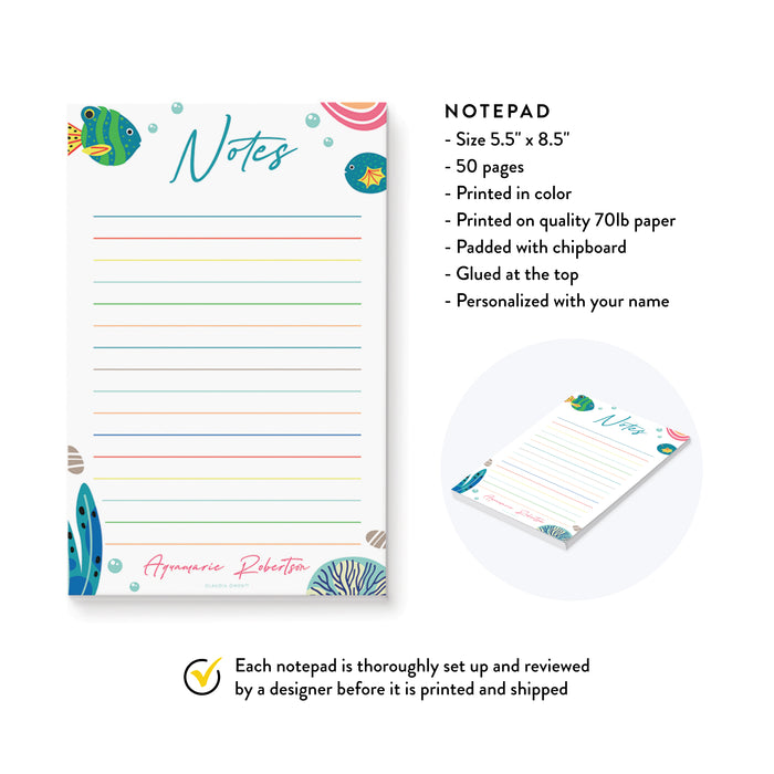 Under the Sea Notepad for Kids, Sea Life Writing Stationery Personalized with Your Name, Underwater Notepad