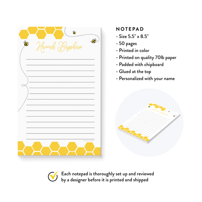 Personalized Bee Notepad for Children, Honey Bee Stationary Notepad Set, Cute Bumble Bee Writing Pad, Honeycomb Bee Lover Gift