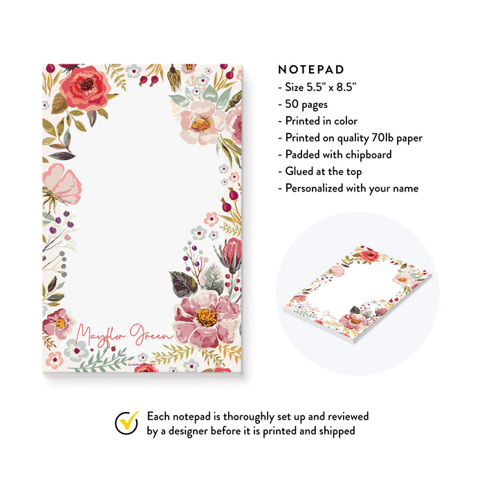 Personalized Floral Notepad, Writing Pad for Women Customized with your Name, To Do List with Flowers, Stationery Notepad for Girls, Floral Gift for Her