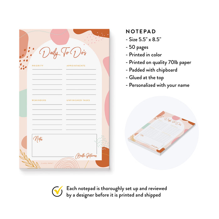 Daily To Do List Notepad for Women and Girls, Personalized Chic Notepad, Customized Desk Planner Pad