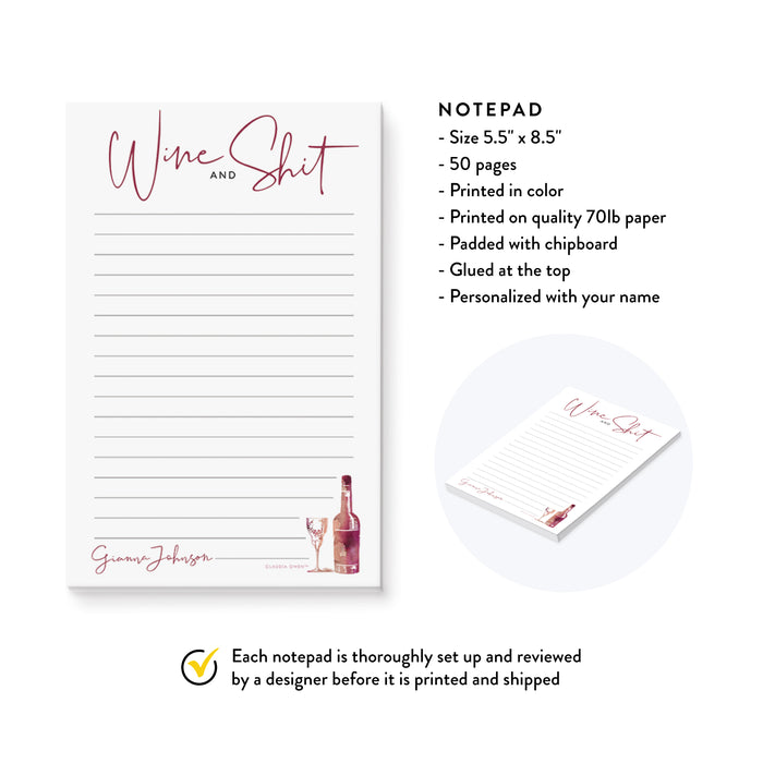 Funny Wine Notepad, Wine and Shit To Do List, Office Memo Pad for Women, Personalized Grocery Shopping List, Wine Lover Gift