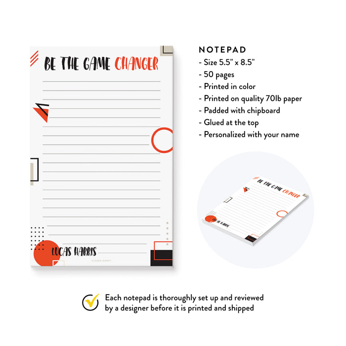 Be the Game Changer Notepad, Motivational Notepad for Men, Custom Quote Notepad Gift, Office Notepad for Boyfriend